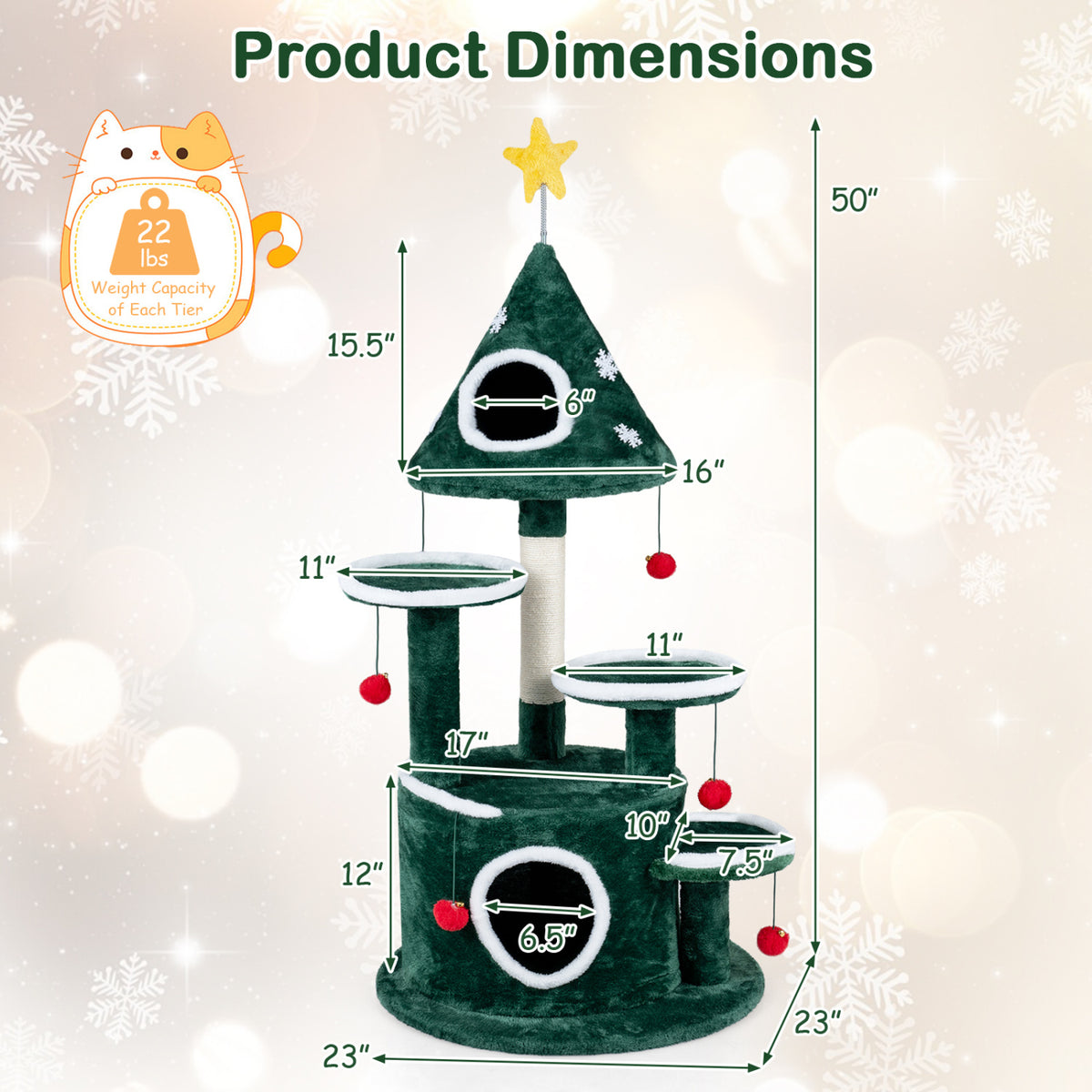 50 Inch Green Christmas Cat Tree with 2 Condos & Sisal Scratching Post - Costway