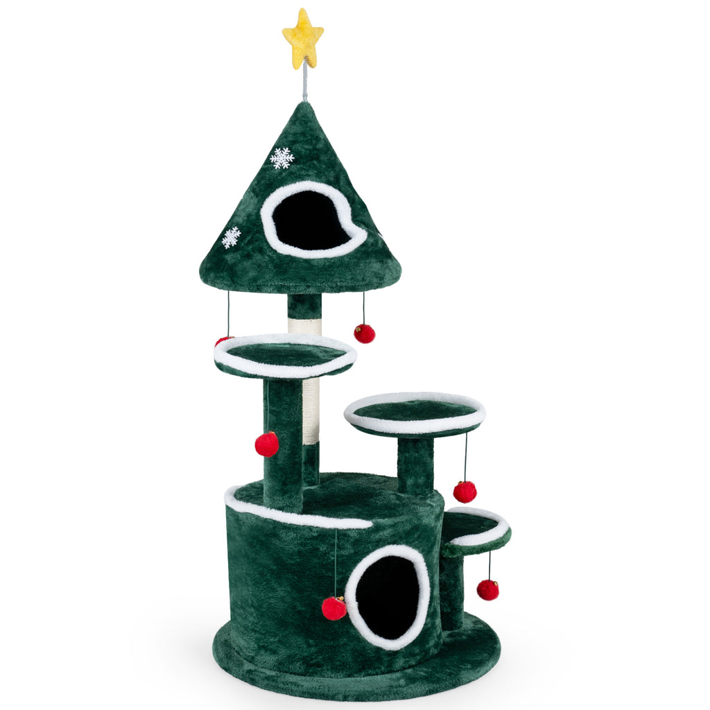 50 Inch Green Christmas Cat Tree with 2 Condos & Sisal Scratching Post - Costway