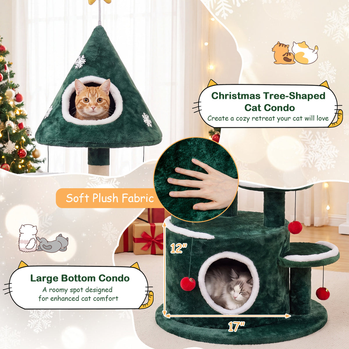 50 Inch Green Christmas Cat Tree with 2 Condos & Sisal Scratching Post - Costway