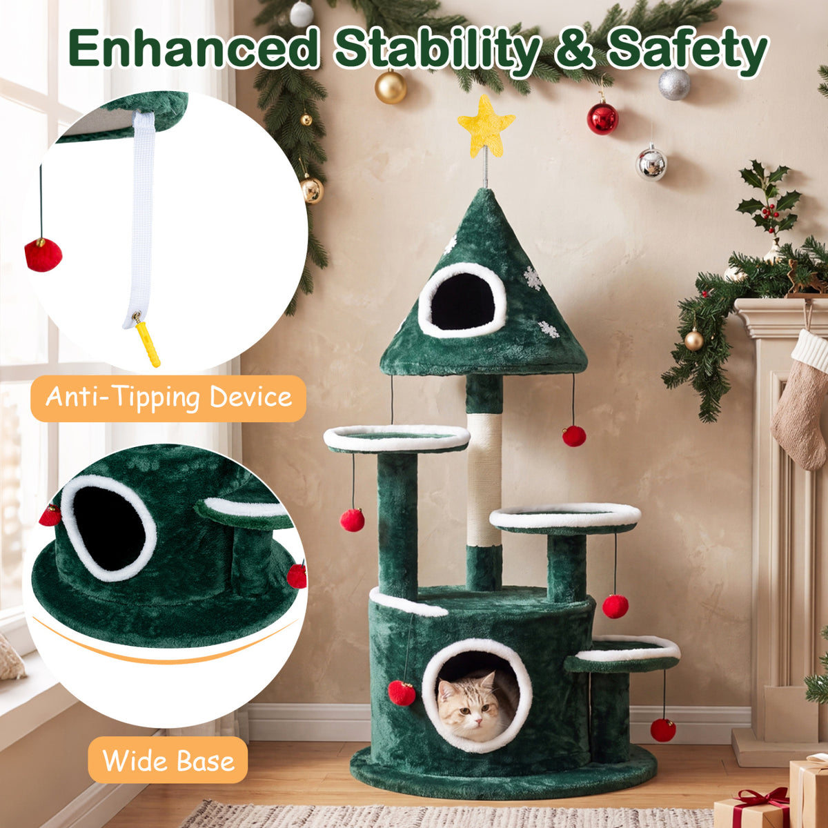 50 Inch Green Christmas Cat Tree with 2 Condos & Sisal Scratching Post - Costway