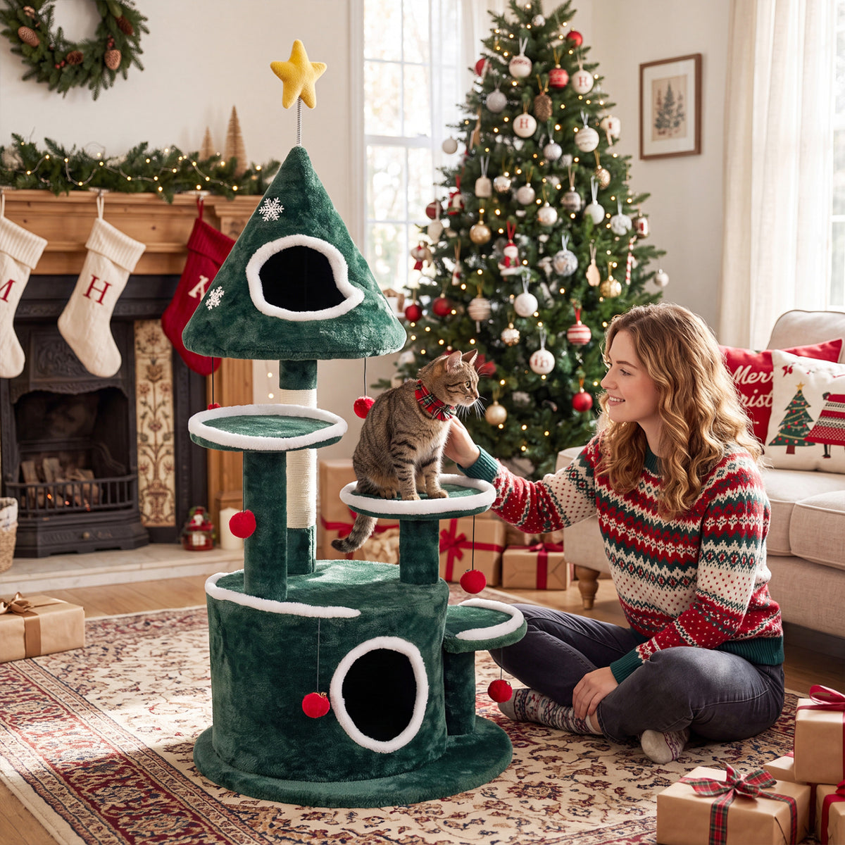 50 Inch Green Christmas Cat Tree with 2 Condos & Sisal Scratching Post - Costway