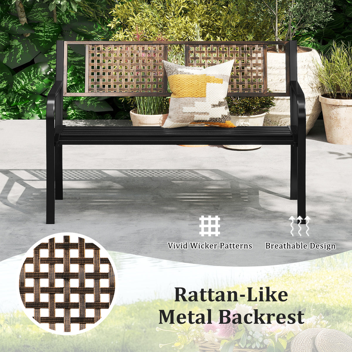 50 Inch Outdoor Metal Garden Bench with Rattan-Like Backrest for 2-3