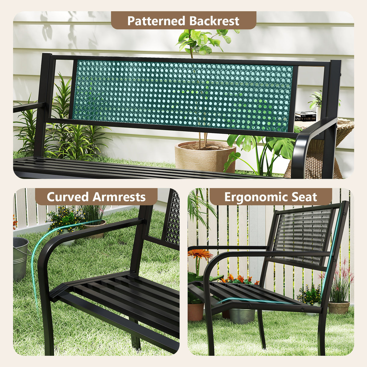50 Inches Garden Bench with Patterned Backrest and Curved Armrests