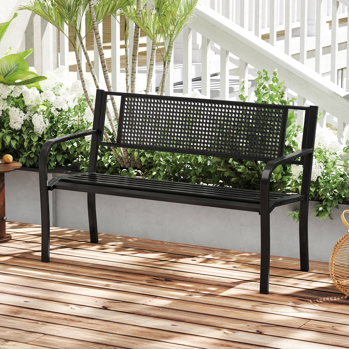 50 Inches Garden Bench with Patterned Backrest and Curved Armrests