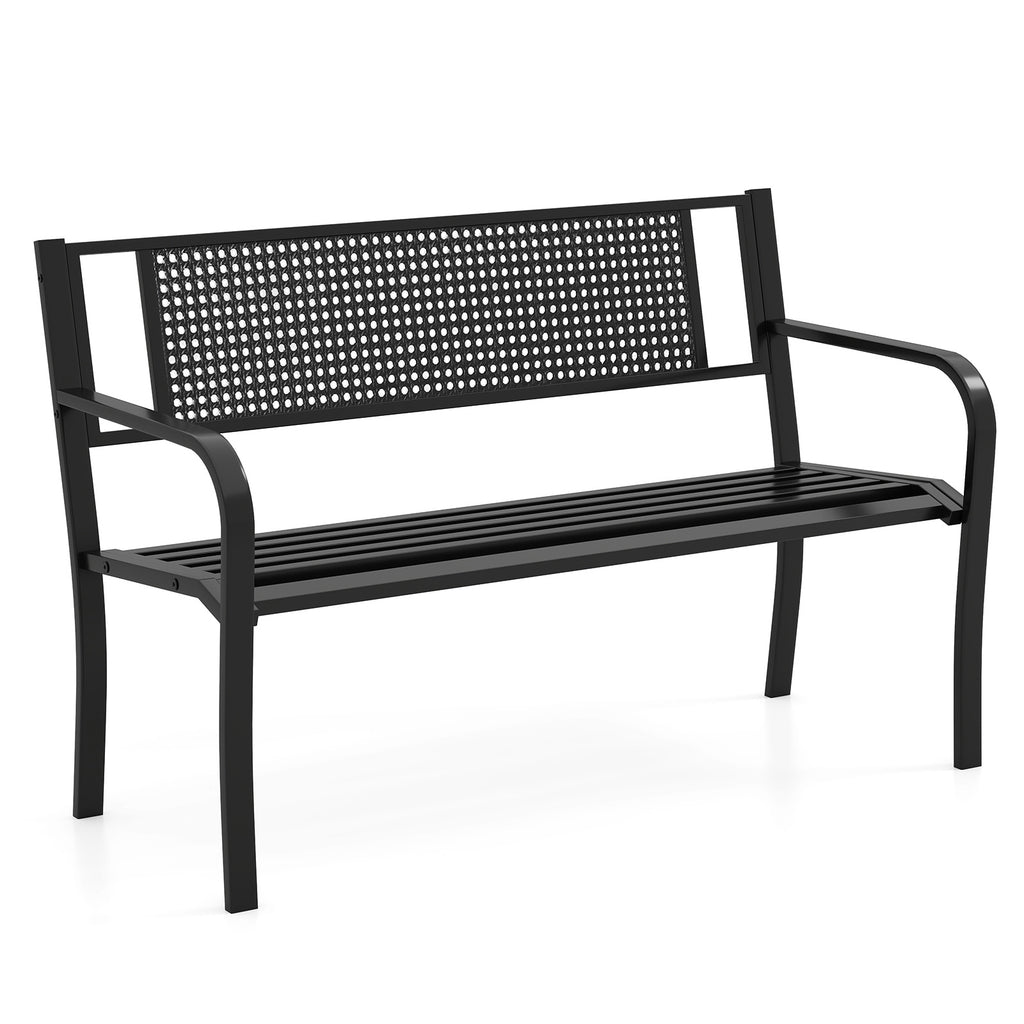 50 Inches Garden Bench with Patterned Backrest and Curved Armrests