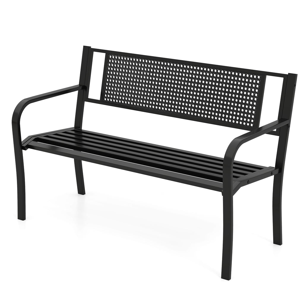 50 Inches Garden Bench with Patterned Backrest and Curved Armrests