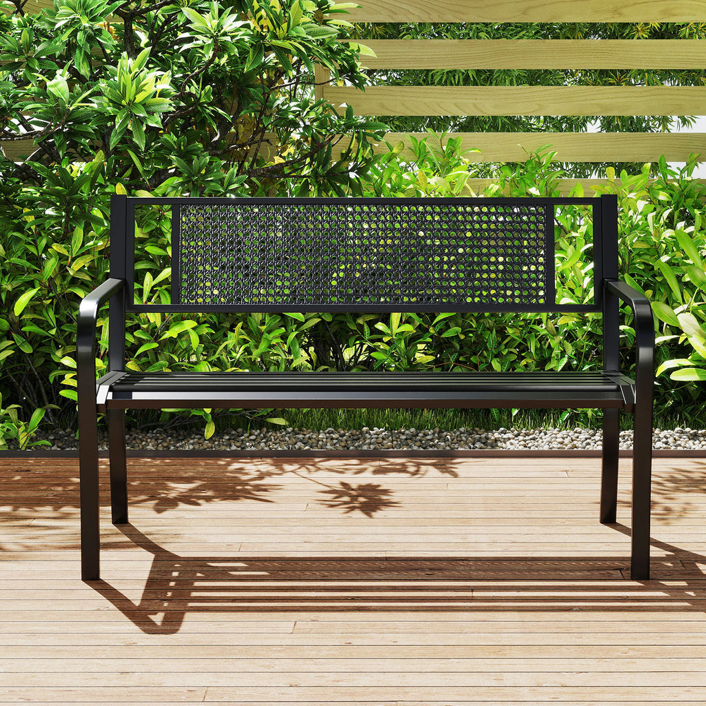 50 Inches Garden Bench with Patterned Backrest and Curved Armrests