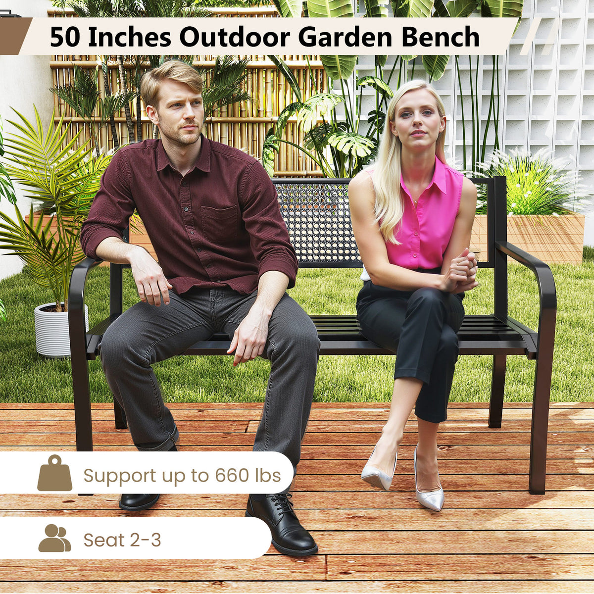50 Inches Garden Bench with Patterned Backrest and Curved Armrests