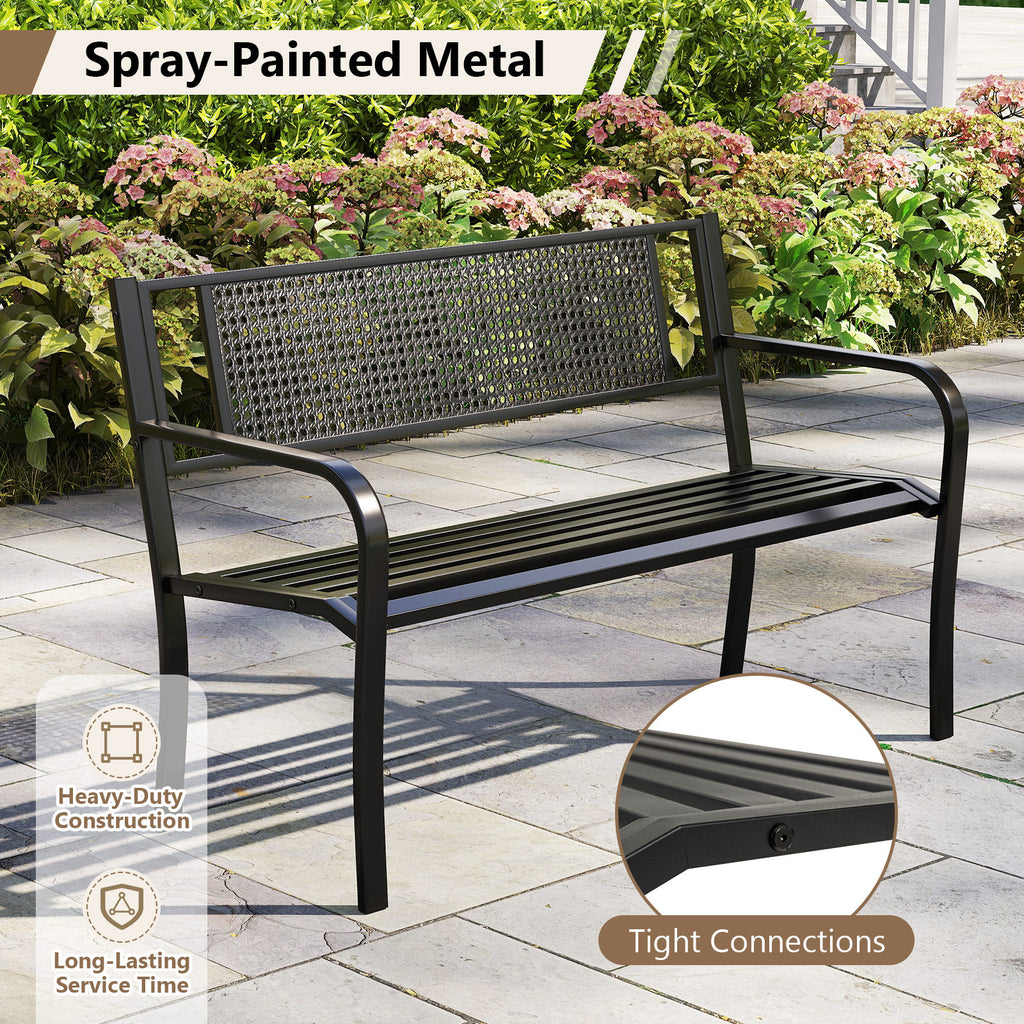 50 Inches Garden Bench with Patterned Backrest and Curved Armrests