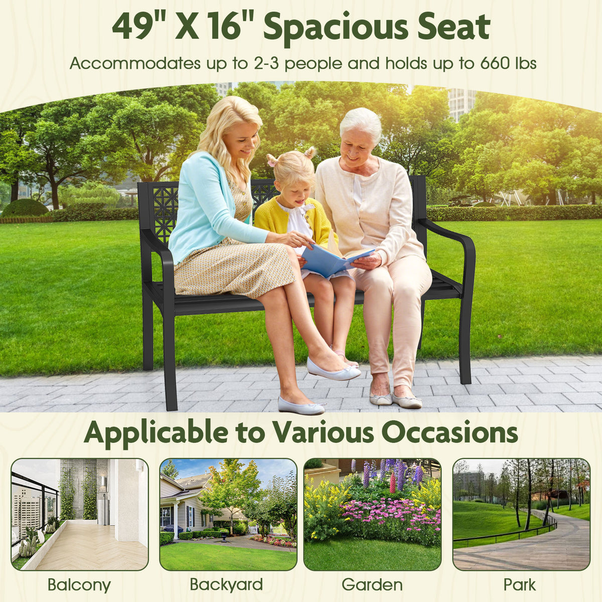 50 Inch Garden Bench with Patterned Backrest and Curved Armrests for