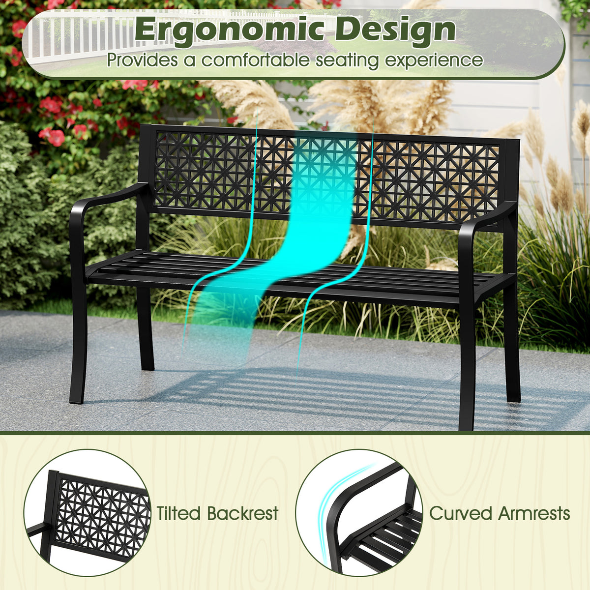 50-Inch Garden Bench with Backrest and Armrests - Black