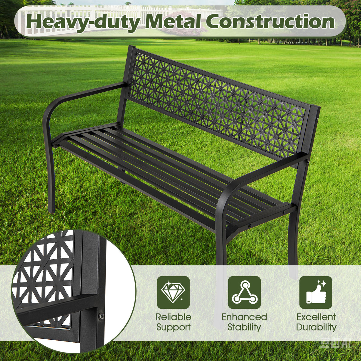 50-Inch Garden Bench with Backrest and Armrests - Black