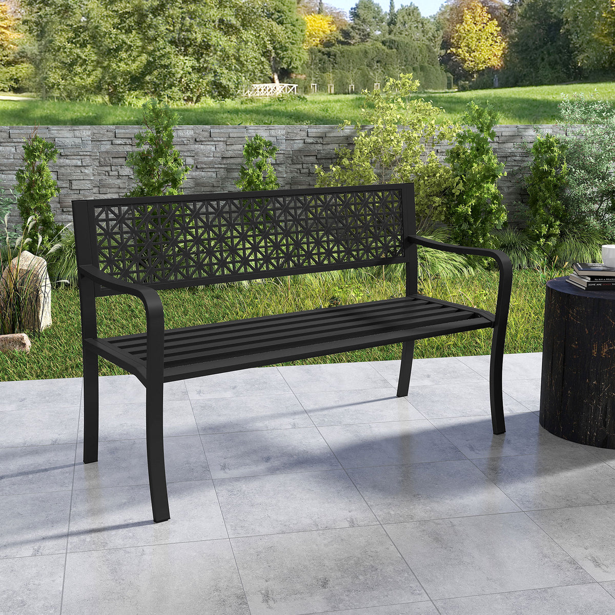 50-Inch Garden Bench with Backrest and Armrests - Black