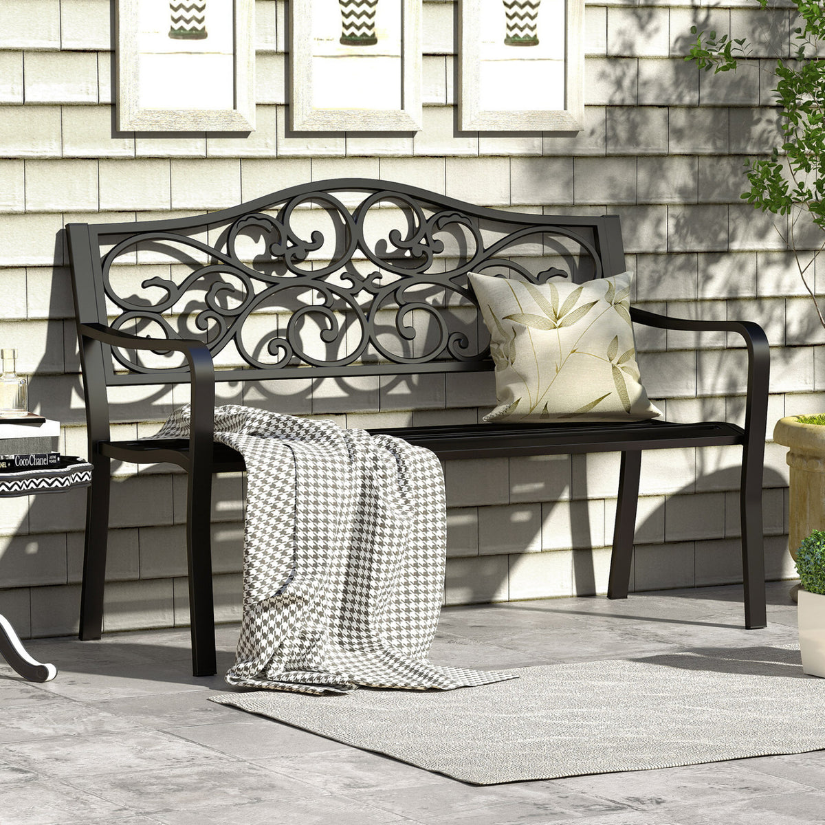 50 Inches Outdoor Cast Iron Metal Patio Bench with Floral Design