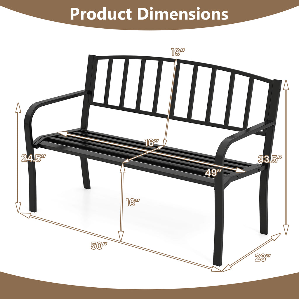 50-Inch Outdoor Garden Bench with Armrests - Black, Style 3
