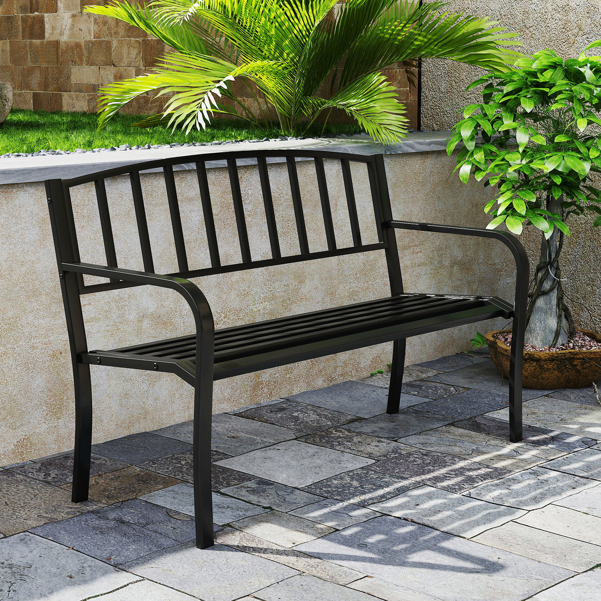 50-Inch Outdoor Garden Bench with Armrests - Black, Style 3