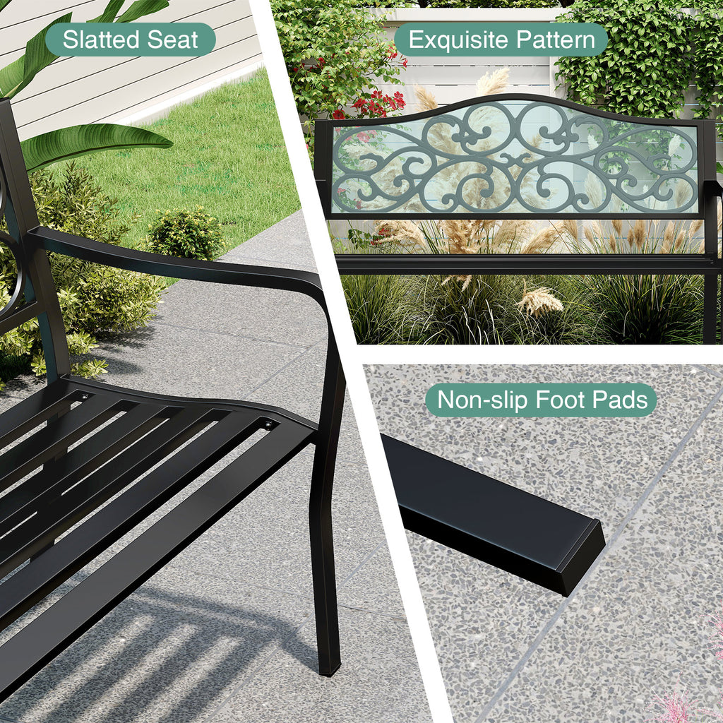 50 Inches Outdoor Cast Iron Metal Patio Bench with Floral Design