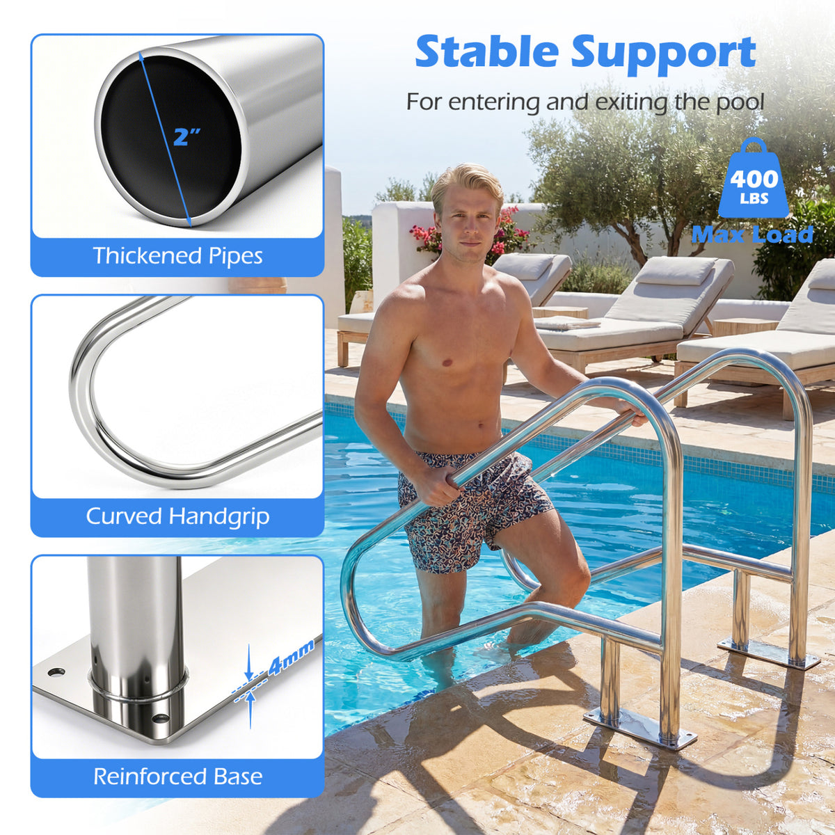 50 x 30 Inch Pool Handrail with Mount Base Plate for Water Parks