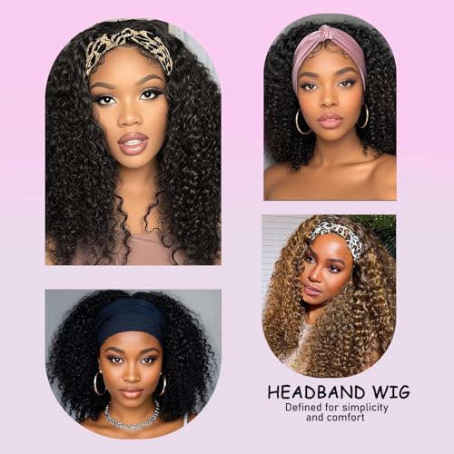 Headband Wig Human Hair Kinky Curly Human Hair Wigs for Black Women Curly Half Wig None Lace Front Wigs 150% Density 28 Inch Brazilian Virgin Hair Natural Color