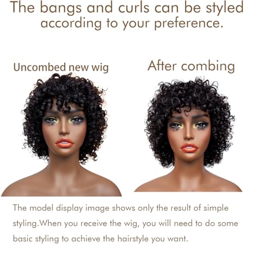 HairyFairy short curly wigs, 100% human hair wigs for black women, human hair wig with bangs glueless, machine made, no lace, light and comfortable (natural black, 12 inches)