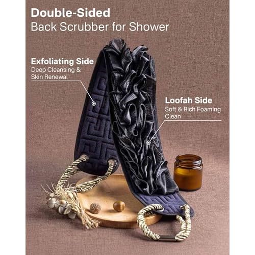 Yiclick Exfoliating Washcloth Towel with Handle, Shower Puff Back Scrubber for Shower, Exfoliating Body Scrubber Exfoliator, Bath Sponge Loofah Luffa Washer Exfoliator