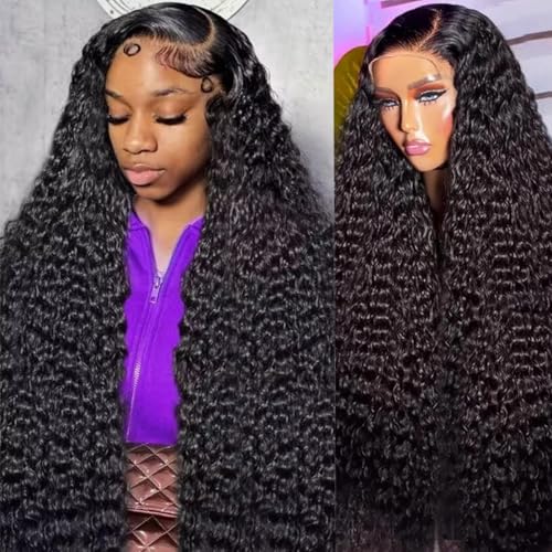 13x6 Deep Wave Lace Front Wigs Human Hair 220 Density HD Transparent Pre Plucked Deep Curly Frontal Wigs Human Hair for Women Natural Black 32 Inch