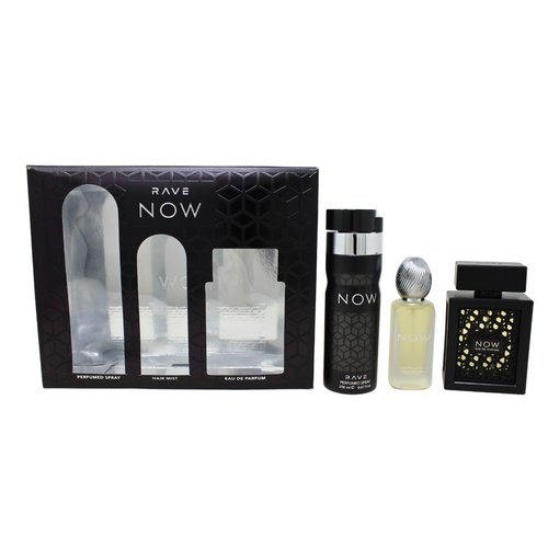 Lattafa Rave Now for Men 3 Piece Set (3.4 Oz Eau de Parfum Spray + 1.7 Oz Hair Mist + 6.7 Oz Deodorant Spray)