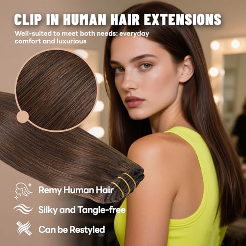 Clip in Hair Extensions Real Human Hair 22 Inch 120g 7Pcs Remy Extensions Double Weft Straight Hair Extensions for Add Volume (22in, 120g, #4)