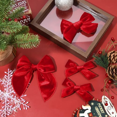 DEEKA 4 PCS Red Velvet Hair Bows 3 Styles 5" & 4" Handmade Hair Bow set for Toddler Girls Alligator Hair Clips Knot Bows Hair Accessories for Little School Girls (Red)