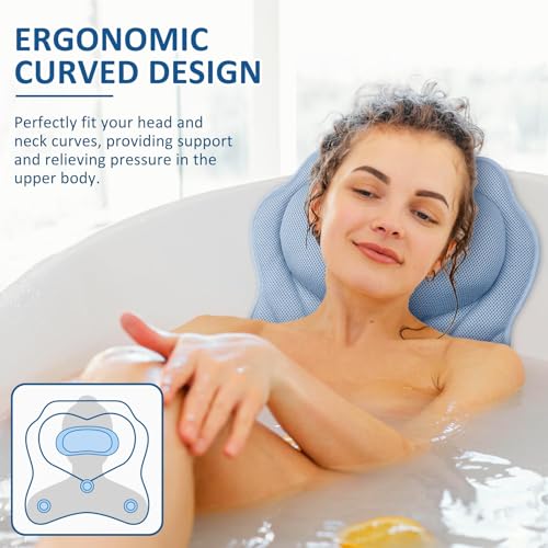 LuxStep Bath Pillow-Bathtub Pillow with Air Mesh Fabric & 6 Non-Slip Suction Cups, Bath Pillows for Tub Head, Neck and Back Support, Bath Accessories Spa Gifts, 17 * 17in, Blue