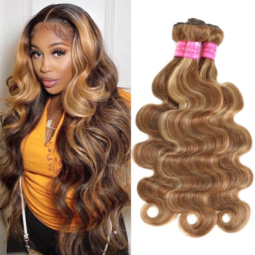 12A Highlight Body Wave Bundles Human Hair 100% Unprocessed Brazilian Virgin Hair Honey Blonde Ombre Wet and Wavy 3 Bundles£¨22 24 26 inch£© for Black Women Double Weft