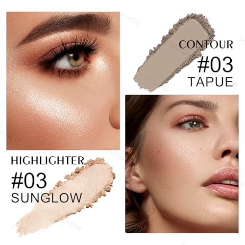 KYDA Highlighter Contour Palette Kit, Glossy Face Illuminator & Natural Matte Contour Bronzer, Lasting Glow Face Sculpting Contouring Makeup, Blendable Formula, Sun Glow & Taupe