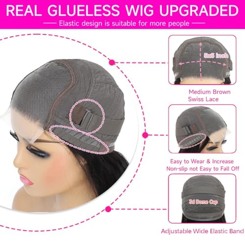 Wear and Go Glueless Wigs Human Hair Pre Plucked Pre Cut 5x5 HD Lace Closure Wigs Human Hair Ready to Wear Water Wave Lace Front Glueless Wig for Black Women Curly Wig Natural Black 16 Inch