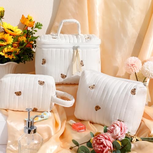 Paterr 3 Pieces Cotton Quilted Makeup Bag Set Coquette Cosmetic Bag Aesthetic Travel Toiletry pouch Cute Pouch Kawaii Aesthetic for Women(White,Little Bear)