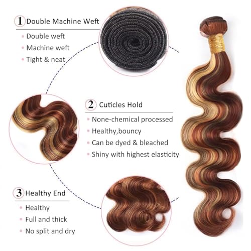 P33/27 Highlight Blonde Bundles Human Hair Body Wave Bundles 14 16 18 Inch 3 Bundle Unprocessed Brazilian Virgin Hair Reddish Brown Body Wave Human Hair Extensions 50 Gram Per Bundle