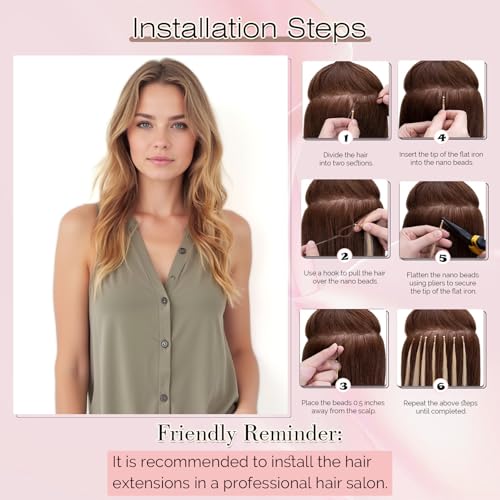 SEGO Nano Bead Hair Extensions Human Hair, 1g/Stand, 50g/pack, Add Volume, Length, and Highlights, Nano Nano Ring Tip Hair Extensions for Women, 16 Inch, Light Brown