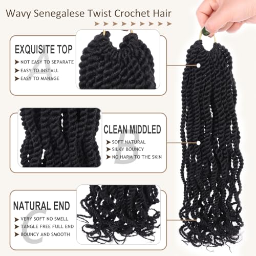Kachanaa 10 Inch Wavy Senegalese Twist Crochet Hair for Black Women 8 Pack Short Pre-looped Crochet Braids with Curly End Synthetic Pre Twisted Havana Twist Braiding Hair for Kids Girls 1B#