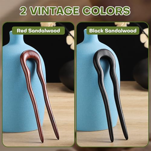 Noverlife 2PCS Wooden U Shaped Hairpins for Long Hair, Handmade French Hair Stick Vintage 2-Prong Wave Hair Forks, Ebony Sandalwood Hair Chopsticks Elegant Chignon Pins for Women Bun Updo Hairstyle