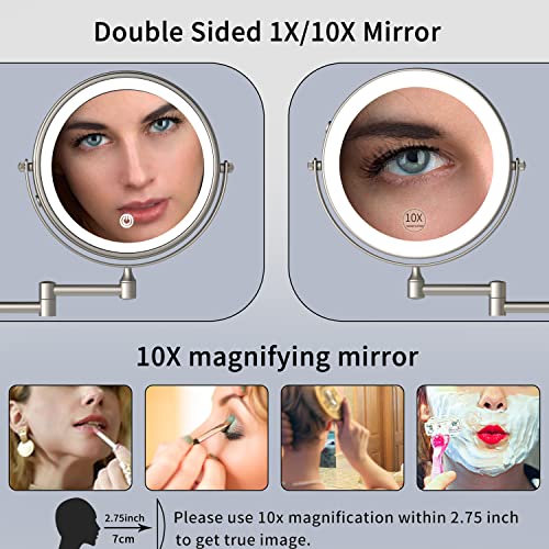 Rechargeable Makeup Mirror Wall Mounted with Double Side 1X/10X Magnification,3 Color Lights Touch Screen and 360¡Æ Swivel Extendable(Brushed Grey)