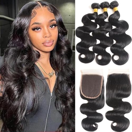 Bundles with Closure Human Hair Body Wave 20 22 24+18 Inch 100% Unprocessed Brazilian Virgin Human Hair 3 Bundles with Closure Human Hair Extensions with 4x4 Free Part Lace Closure Natural Black