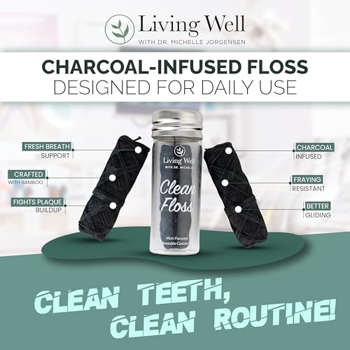 Living Well Bamboo Charcoal Dental Floss ? Natural, Vegan, Biodegradable, PFAS-Free ? Eco-Friendly Floss with Glass Jar ? Zero Waste Oral Care