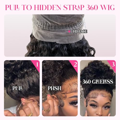 Lace Frontal Wigs 360 Drawstring Wig Human Hair 24 Inch Pre Plucked Hidden Strap 360 Lace Front Wigs Human hair Water Wave 180% Density Curly Wet and Wavy HD 360 Human Hair Wig Full Lace