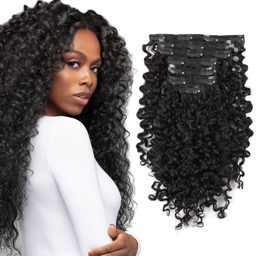 Sassina Spiral Curly Clip in Hair Extensions Human Hair Invisible Human Hair Extensions for Women Natural Black Double Weft Clip in Extensions Thick Soft Natural Human Hair 7Pcs 120G 22 Inch