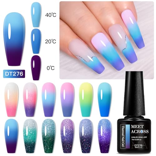 MEET ACROSS Glitter Thermal Gel Nail Polish Gel Temperature Color Changing Gel Polish Soak Off UV Gel Nail Polish Nail Art Varnish For Home Salon Manicure DIY 12 PCS/BOX