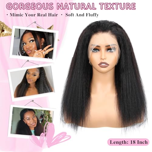 360 Lace Front Wigs Human Hair 20Inch Kinky Straight Human Hair Wig 180% Density Yaki Straight Human Hair Wig for Women Natural Color