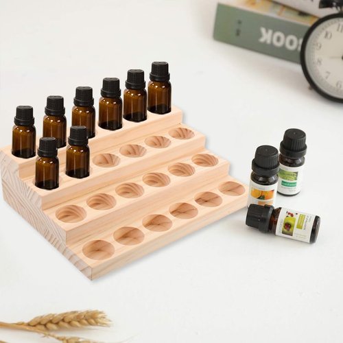 Healifty Essential Oil Storage Rack Wooden Nail Polish Display Holder 24 Slots 30ML Cosmetic Perfume Bottle Organizer Shelf for Makeup Bottles Nail Salon Bedroom