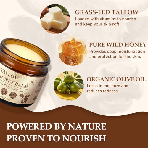Beef Tallow for Skin, Tallow and Honey Balm for Face, Grass-Fed Beef Tallow & Raw Wild Honey, Deep Hydration & Nourishment, Oil-Free & Unscented, Fast Absorbing