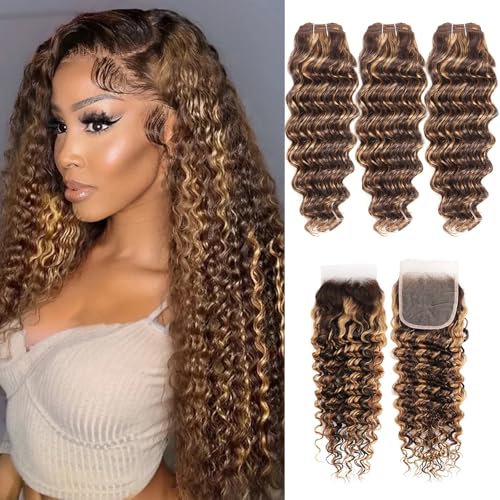 Deep Wave Honey Blonde Highlight Human Hair 3 Bundles with 4x4 lace closure (22 24 26 +20 inch) Free Part Brown Blonde Ombre Bundles With Closure Human Hair Weave Extensions