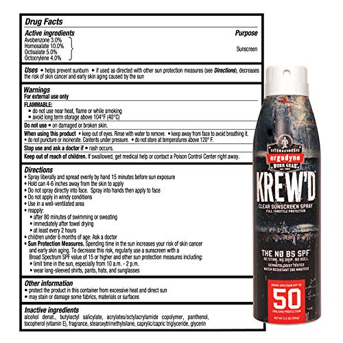 Ergodyne KREW'D 6353 Sunscreen Spray, Broad Spectrum SPF 50, Water Resistant, 5.5 oz, 12-Pack