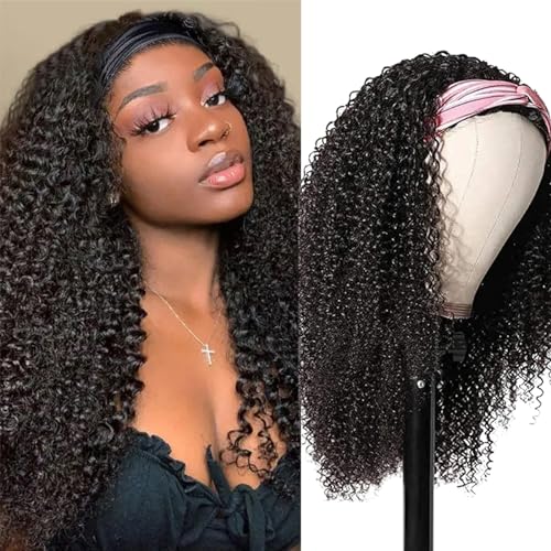 XSY Curly Headband Wig Human Hair Kinky Curly Human Hair Wigs 28 Inch Brazilian Virgin Headband Wig Machine Made None Lace Front Wigs for Black Women 150% Density Natural Color